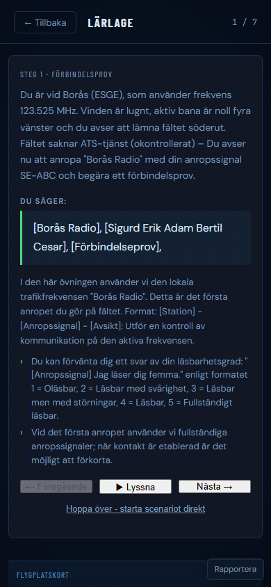 RadioTrainer lärläge på mobil