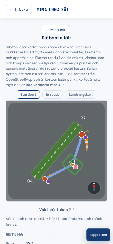 RadioTrainer kortredigering för ett eget fält på mobil